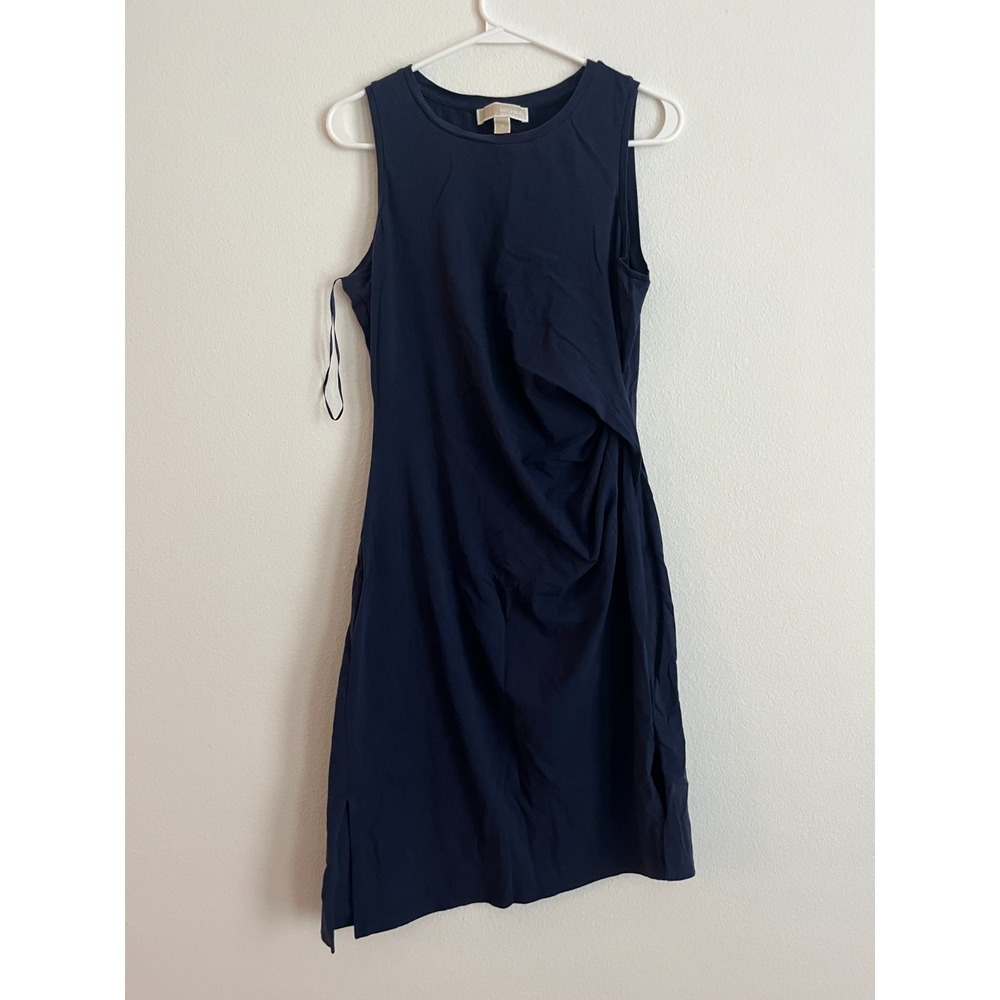 Michael Kors Sheath Dress Womens Medium Blue Ruched Side Slit Asymmetrical Hem
